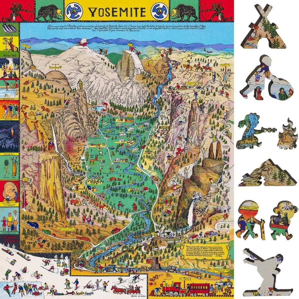 FoxSmartBox wooden jigsaw puzzle of Jo Mora's illustrated Yosemite map